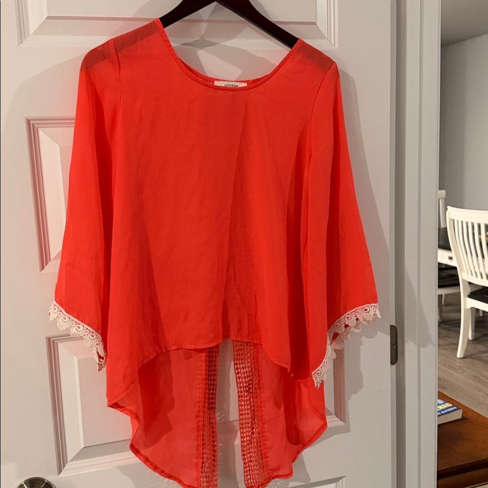 Umgee Coral Sheer top with lace sleeve detail embroidered lace back